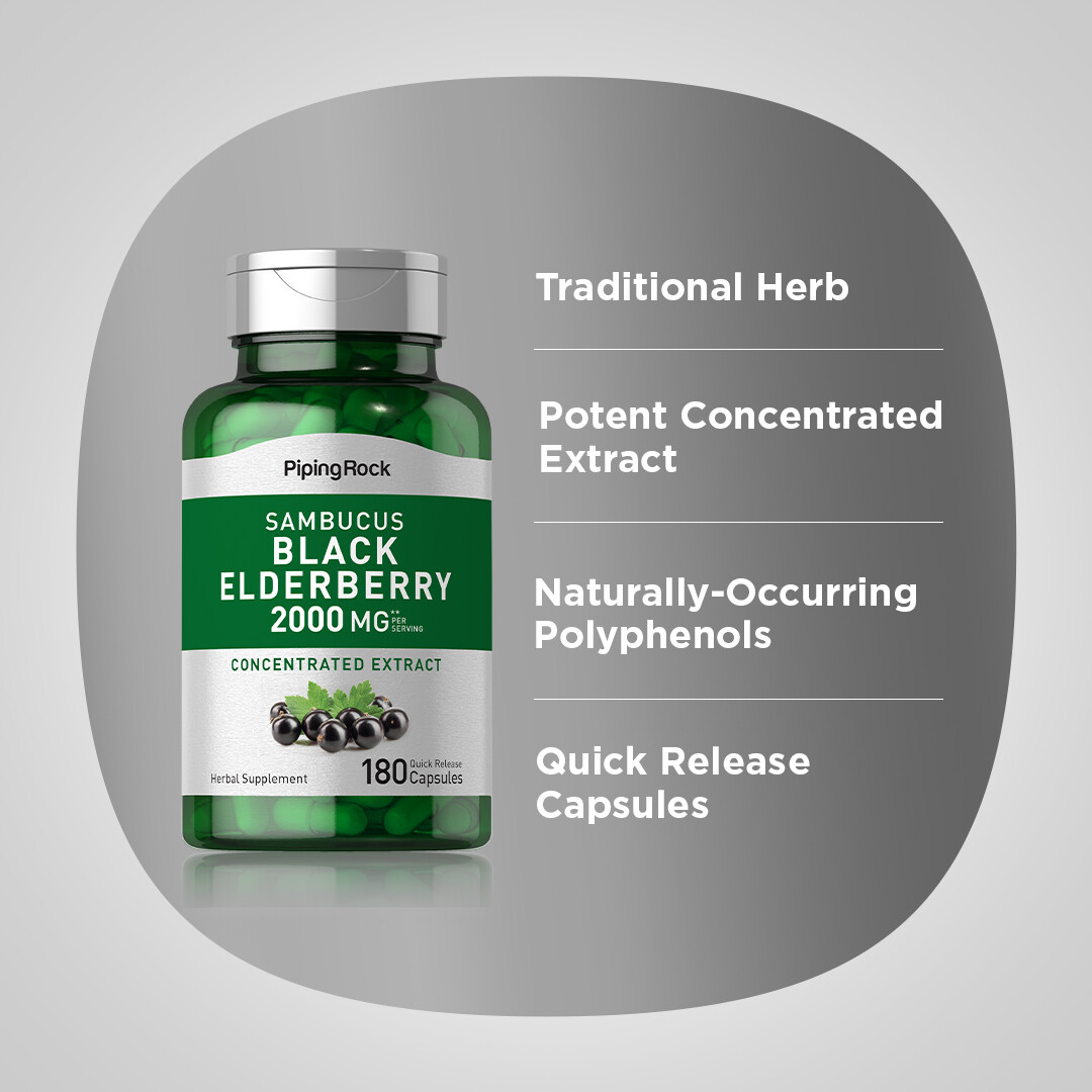 Sambucus Elderberry Capsules | 2000mg | 180 Count | Non-GMO | by Piping Rock