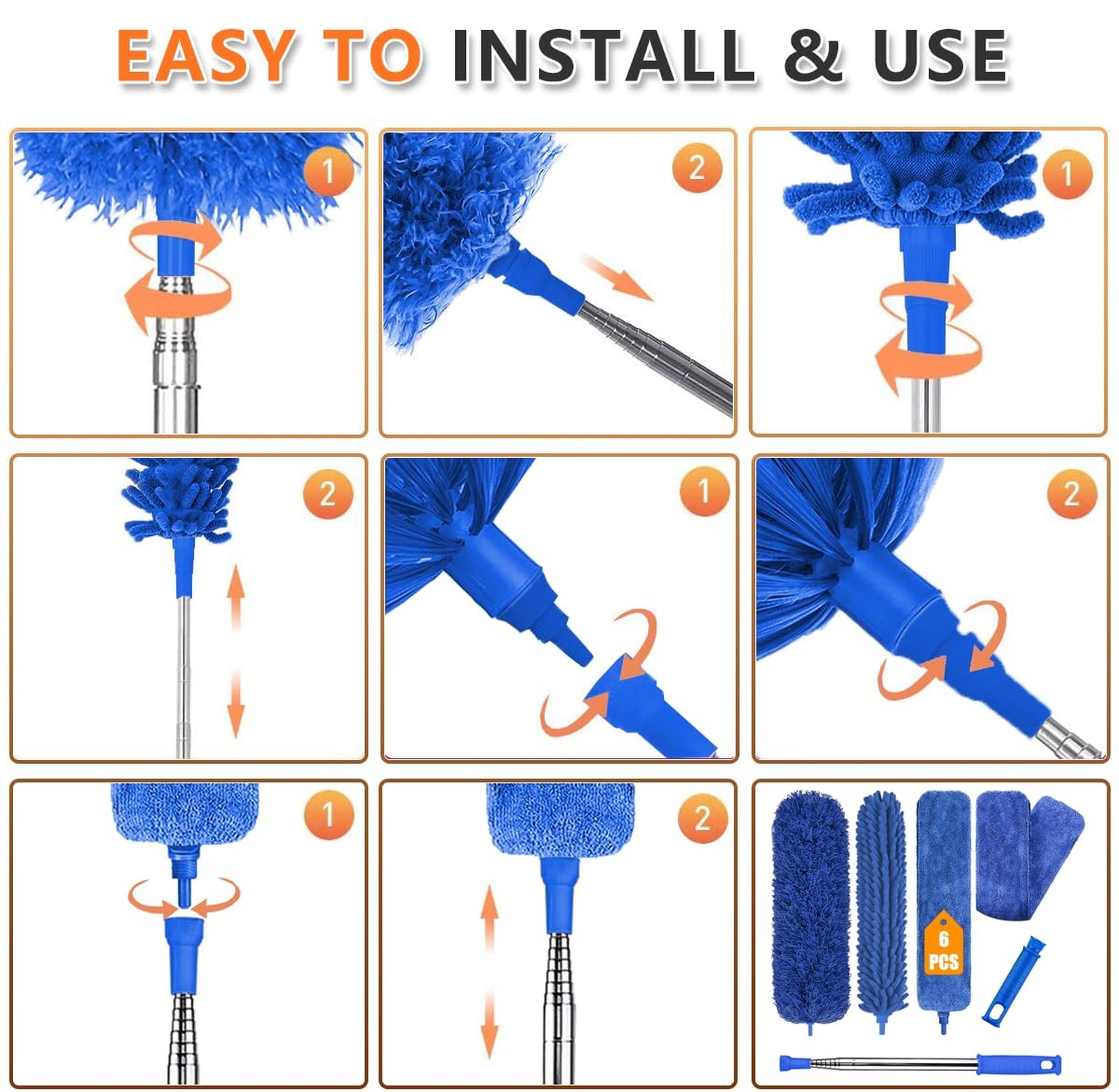 Microfiber Feather Duster, 6PCS Extendable Bendable Dusters with 100" Telesco...