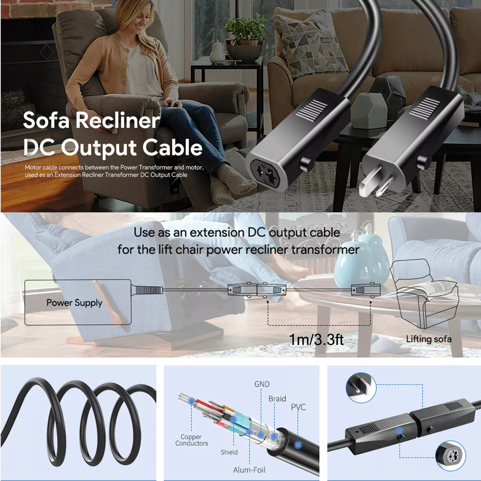 Lift Chair or Power Recliner Output Extension Motor Cable for okin Ashely limoss