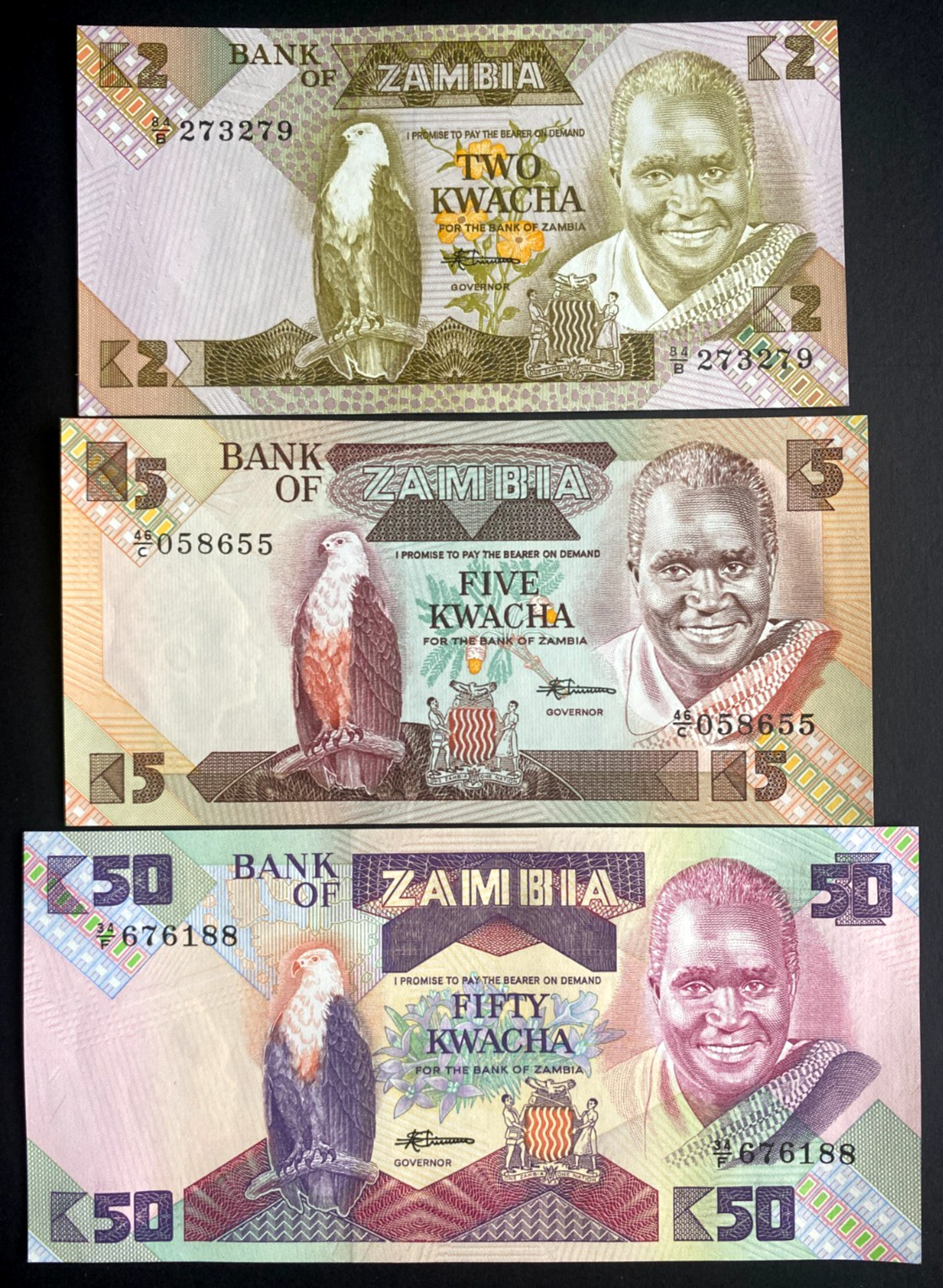 Zambia 2, 5, 50 1980-88 Kwacha Banknote World Paper Money UNC Currency Bill Note