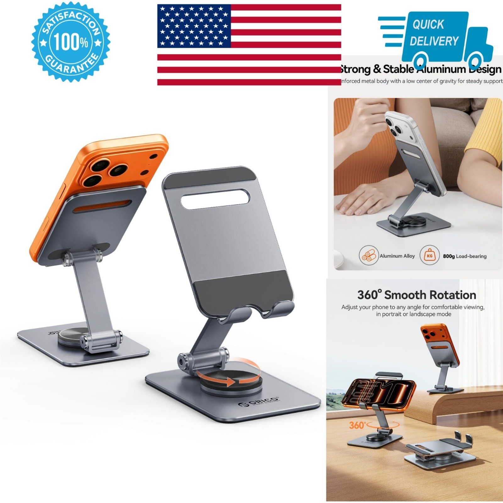 ORICO Aluminum Phone Stand for Desk, Adjustable 360° Rotation, Gray