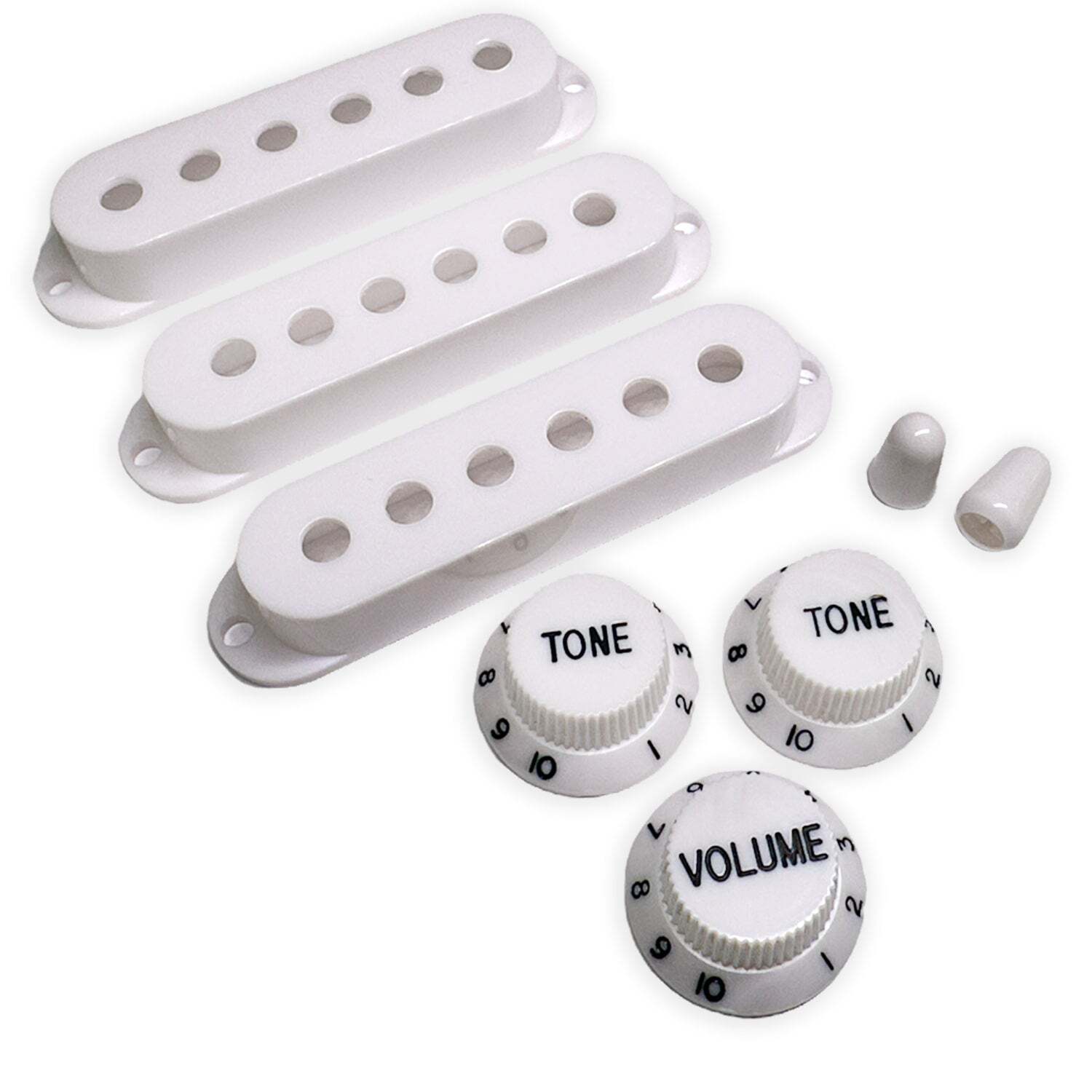 Modern Strat PUP covers, switch tips, knobs set White / Black Font