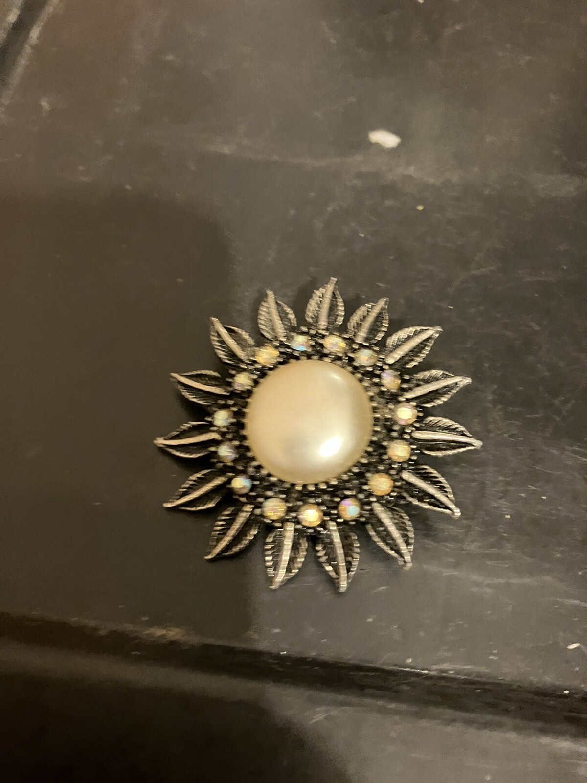 White Metal And Simulated Pearl Sun Brooch
