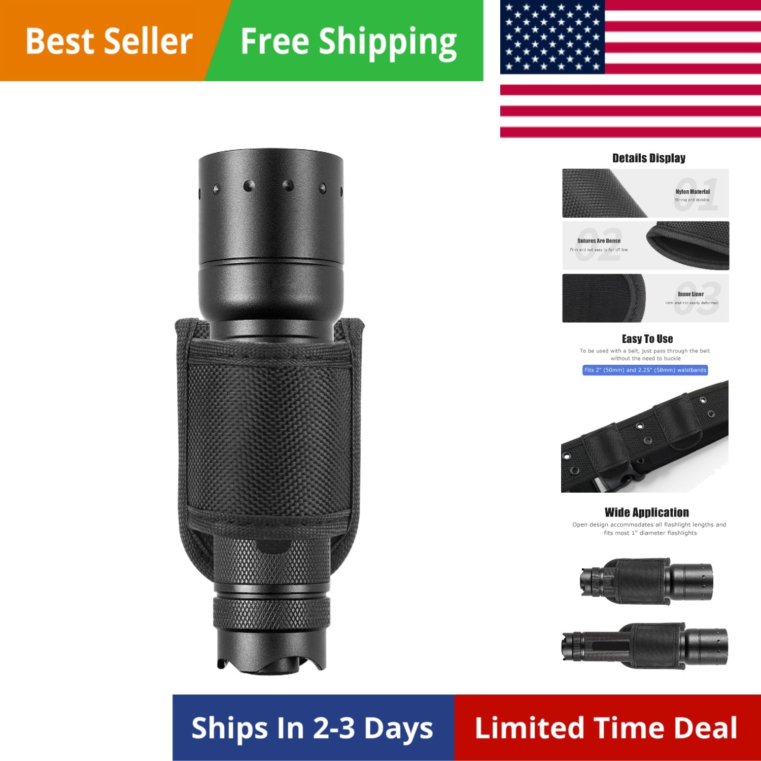 Flashlight Holster for Duty Belt, Open Top D Cell Compact Light Holder Case, Nyl