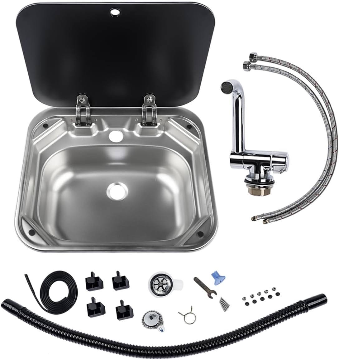 RV Sink Stainless Steel Hand Wash Basin with Folding Lid and Faucet | Tempered