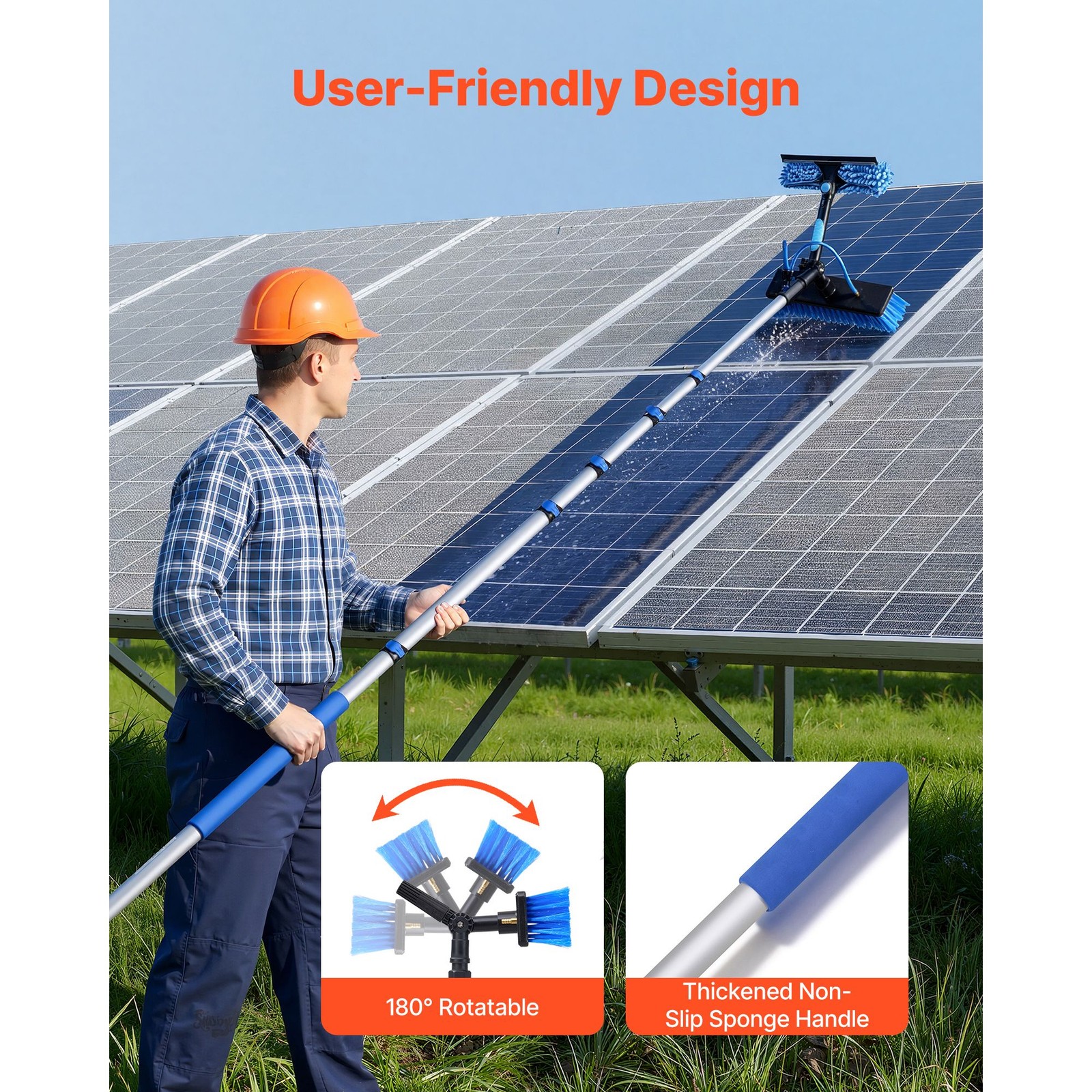 33 ft Water Fed Solar Panel Cleaning Kit with Telescopic Pole and Rotatable