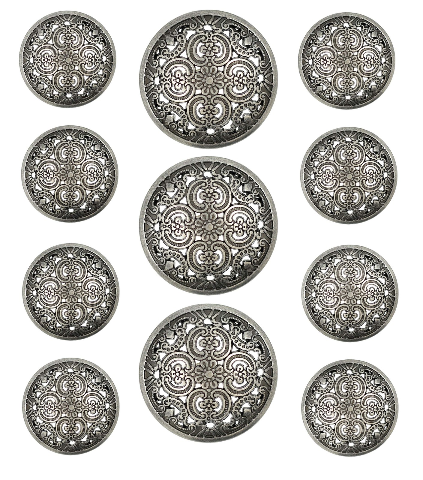 Bezelry Openwork Flowery Engraving Domed Metal 18mm and 25mm Set, Gray Silver