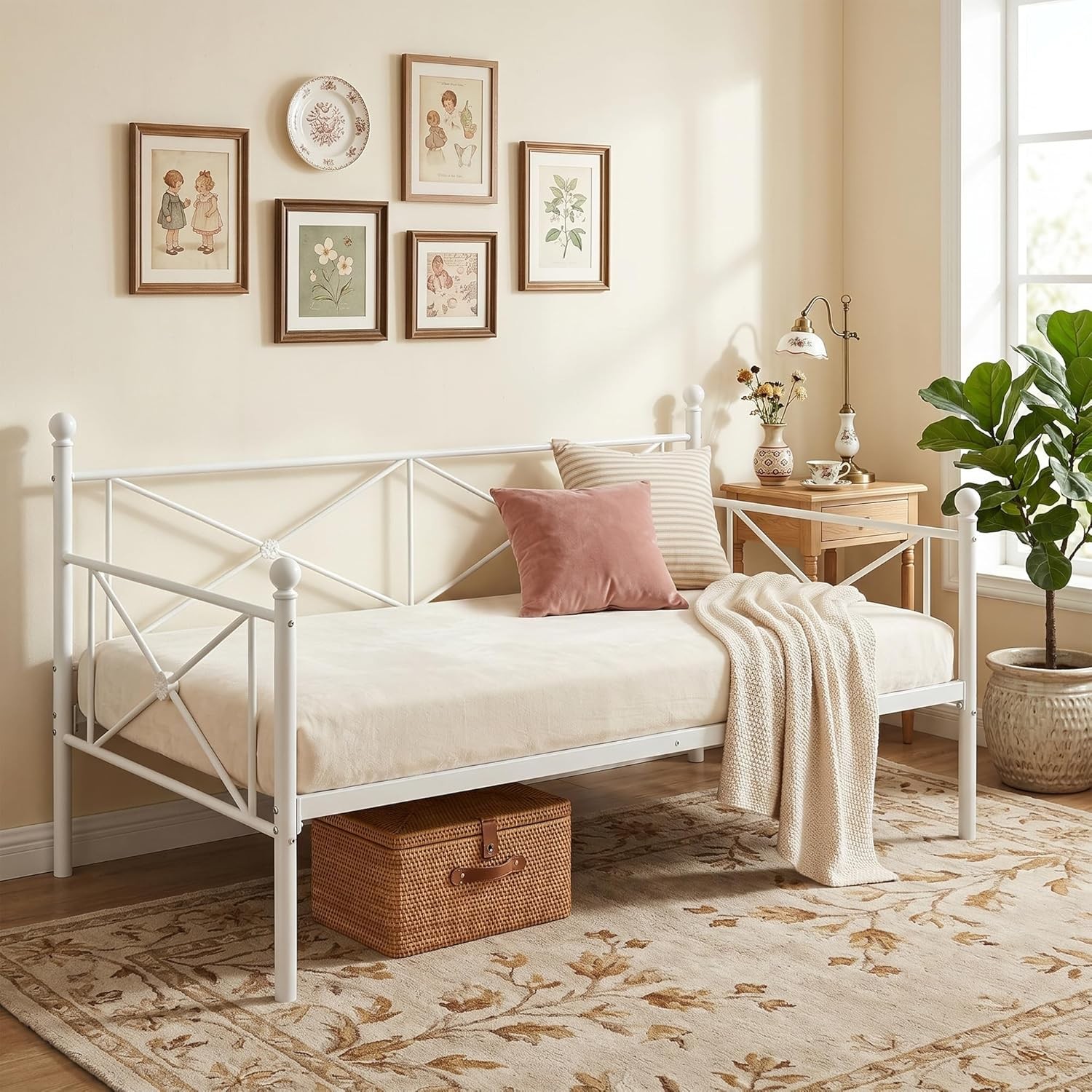 Daybed Twin Size, Day Bed Frame with Headboard, Heavy-Duty Metal Slats Support