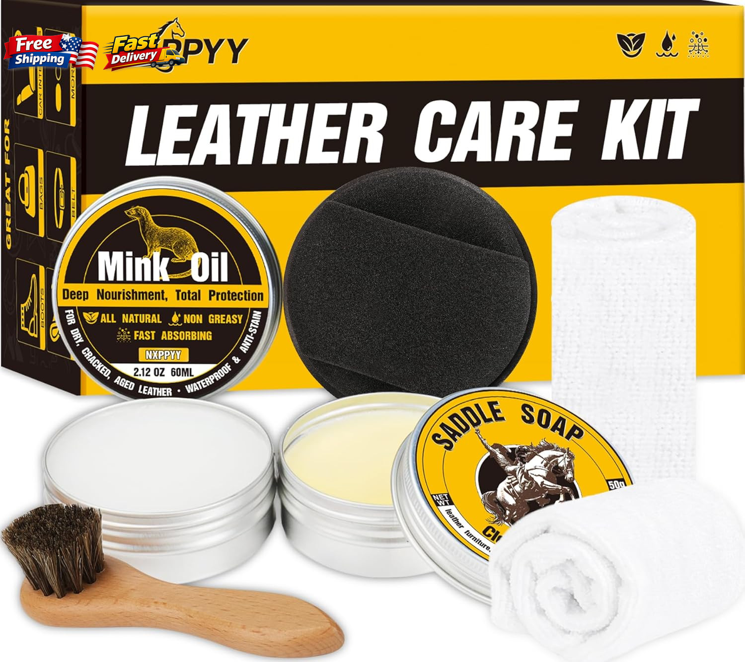 Leather Boot Care Kit 6-in-1 with Mink Oil & Saddle Soap Cleaner & Conditioner