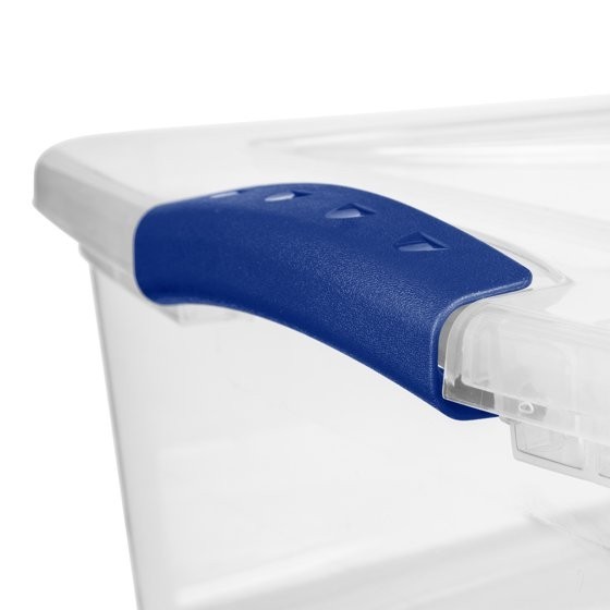 Sterilite 32 Quart Latch Box, Clear Plastic Storage Bin with Lid, Blue Latch