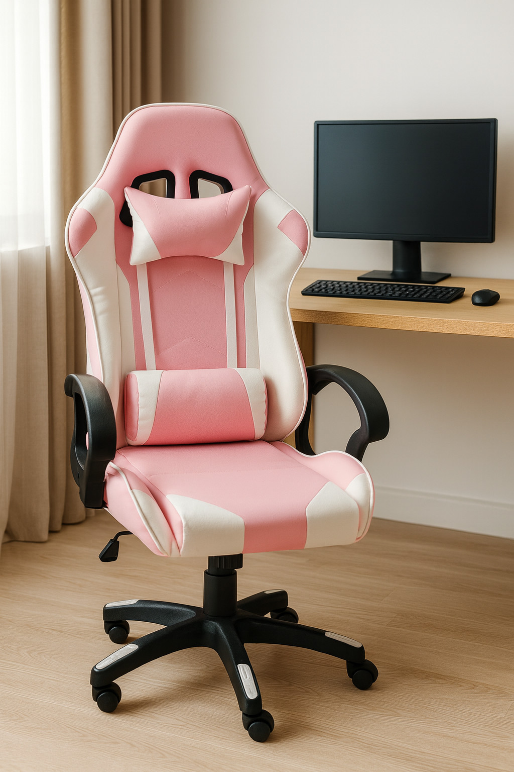 Pink Gaming Chair PU Leather Office Chair White & Pink Swivel Chair New