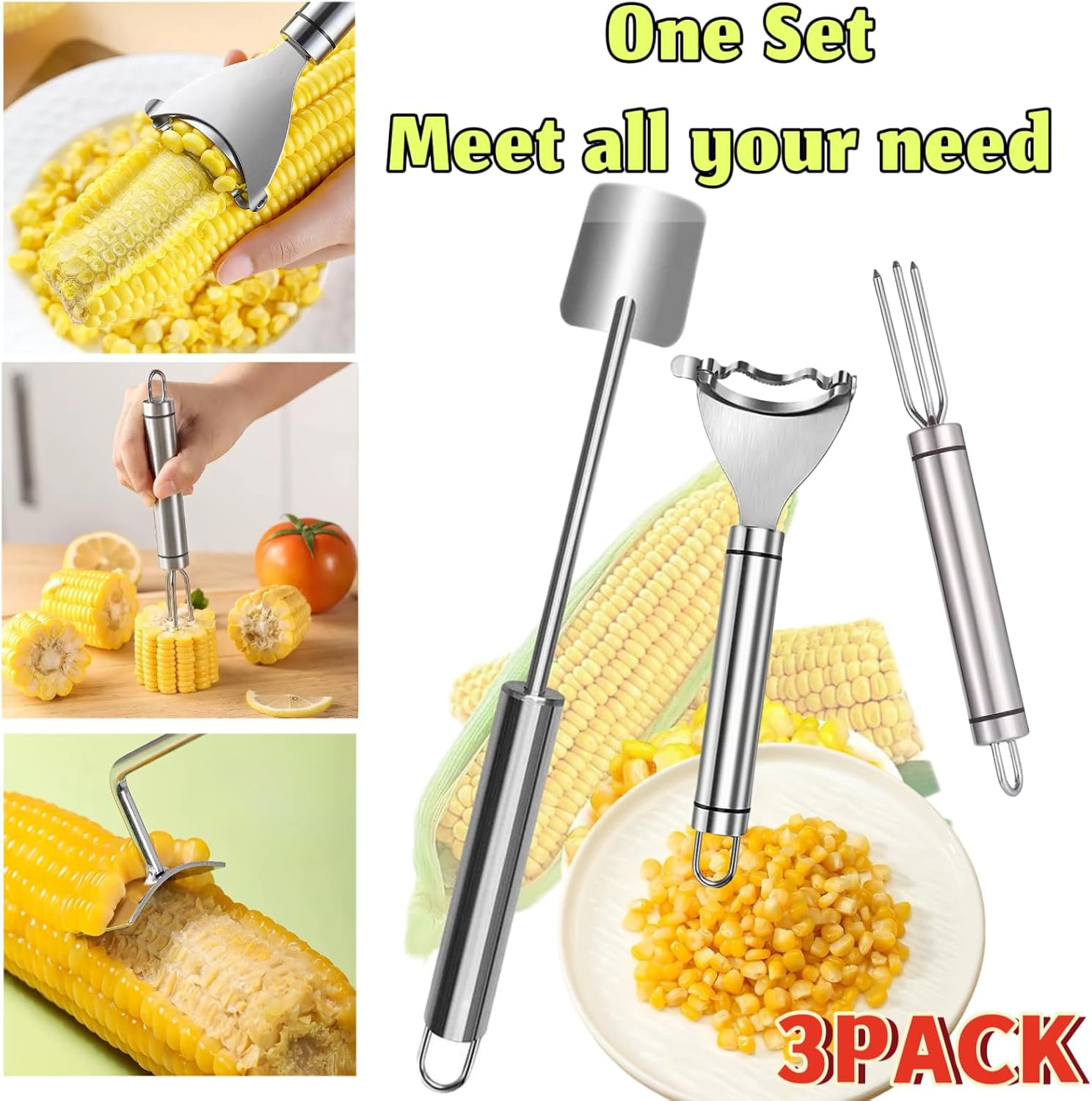 3PCS Corn Peeler Stainless Steel Corn Peeler, Stripper Tool and Corn Holder Set