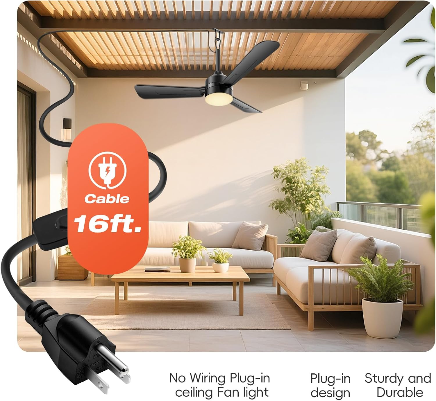 Portable 36.5" Ceiling Fan with Lights, Remote Control for Patios & Pergolas