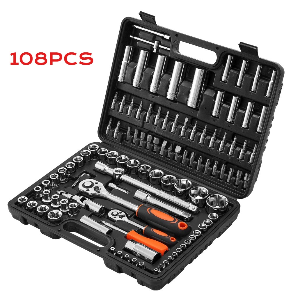 108PCS Socket Set 1/4 & 1/2In Drive Socket and Ratchet Set for Automotive Repair