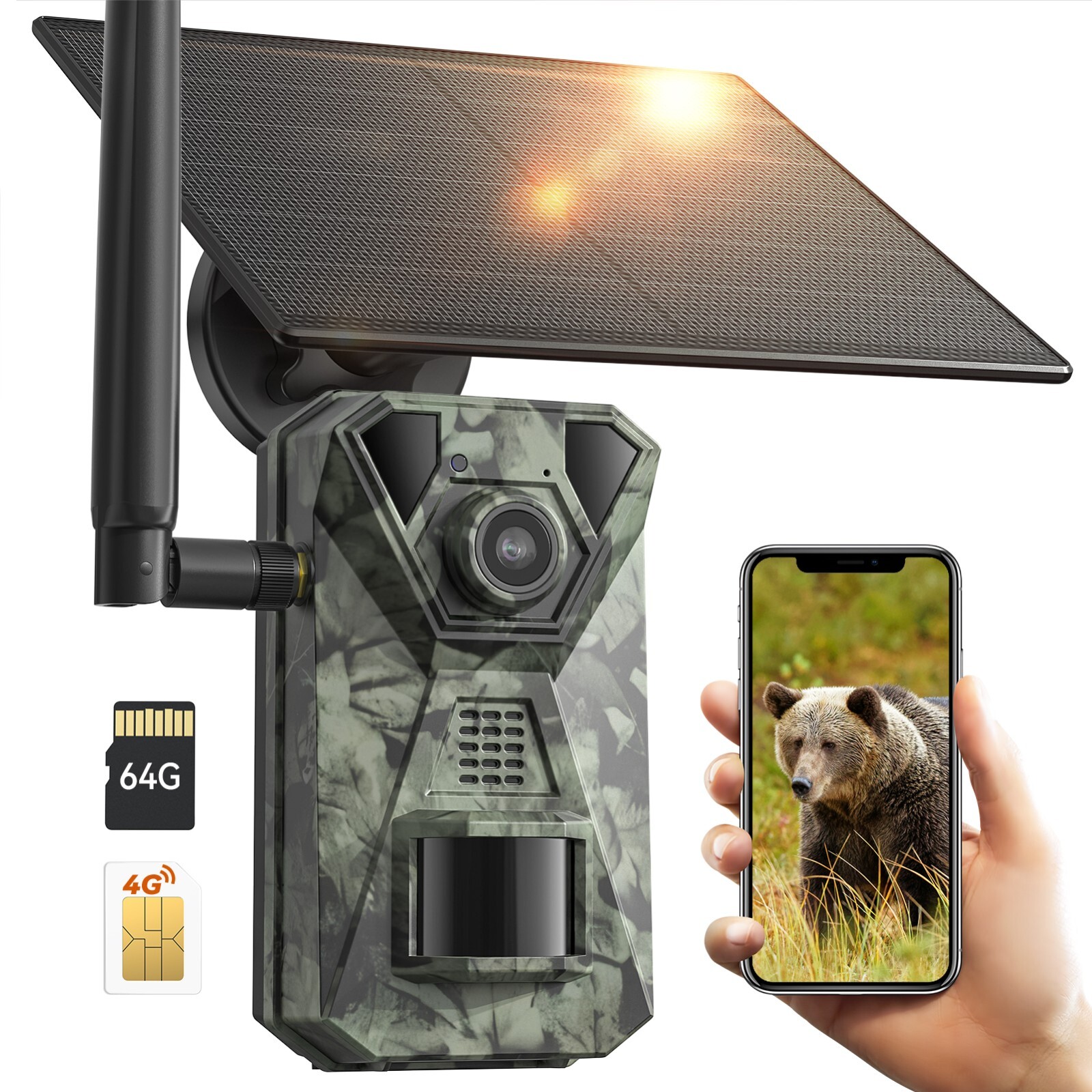 4G LTE Cellular Wildlife Hunting Trail Camera 2.7K HD Solar&Battery PIR 64G SD