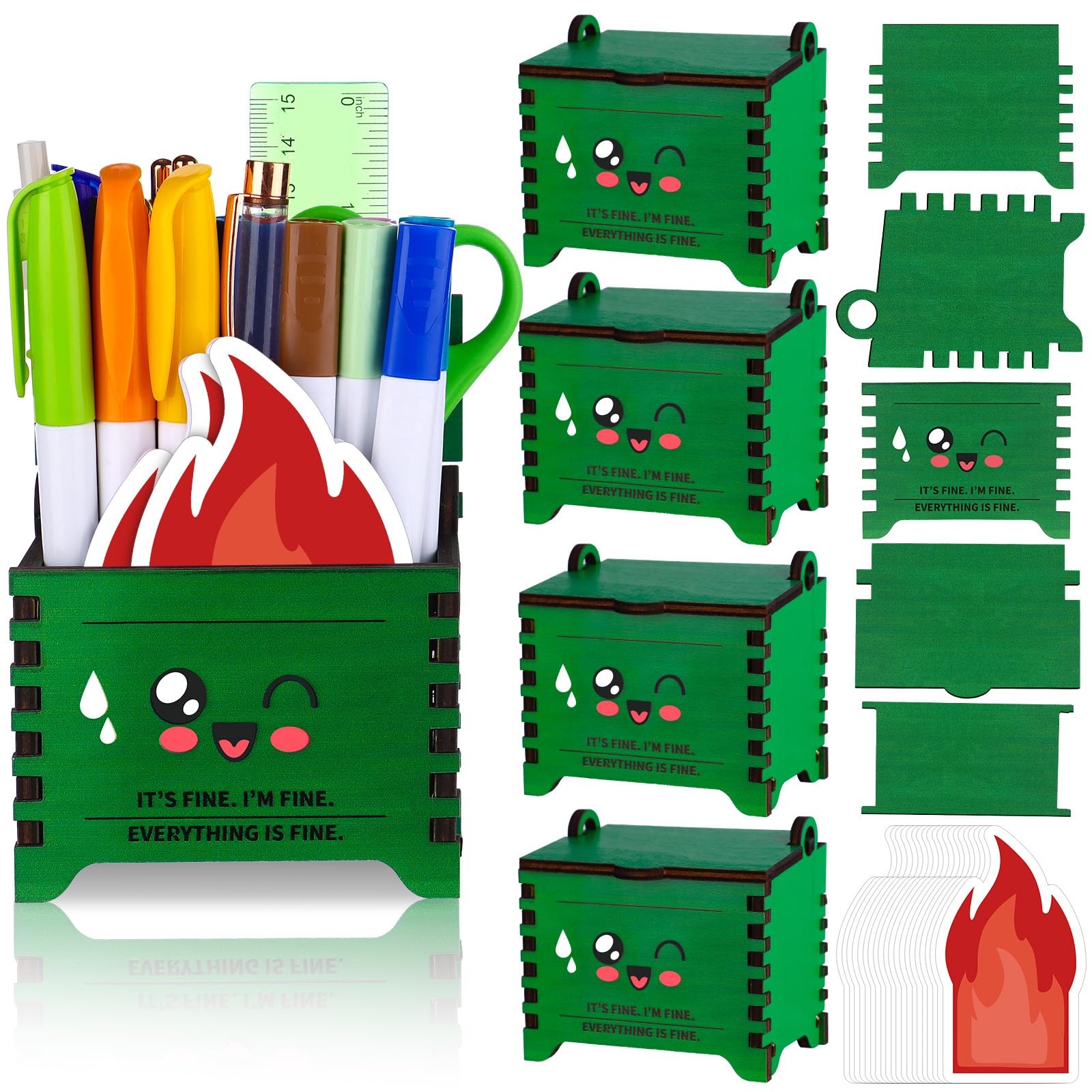 Dumpster Pencil Holders for Desk with Flame Note Cards Tiny Recycle Bin Penci...