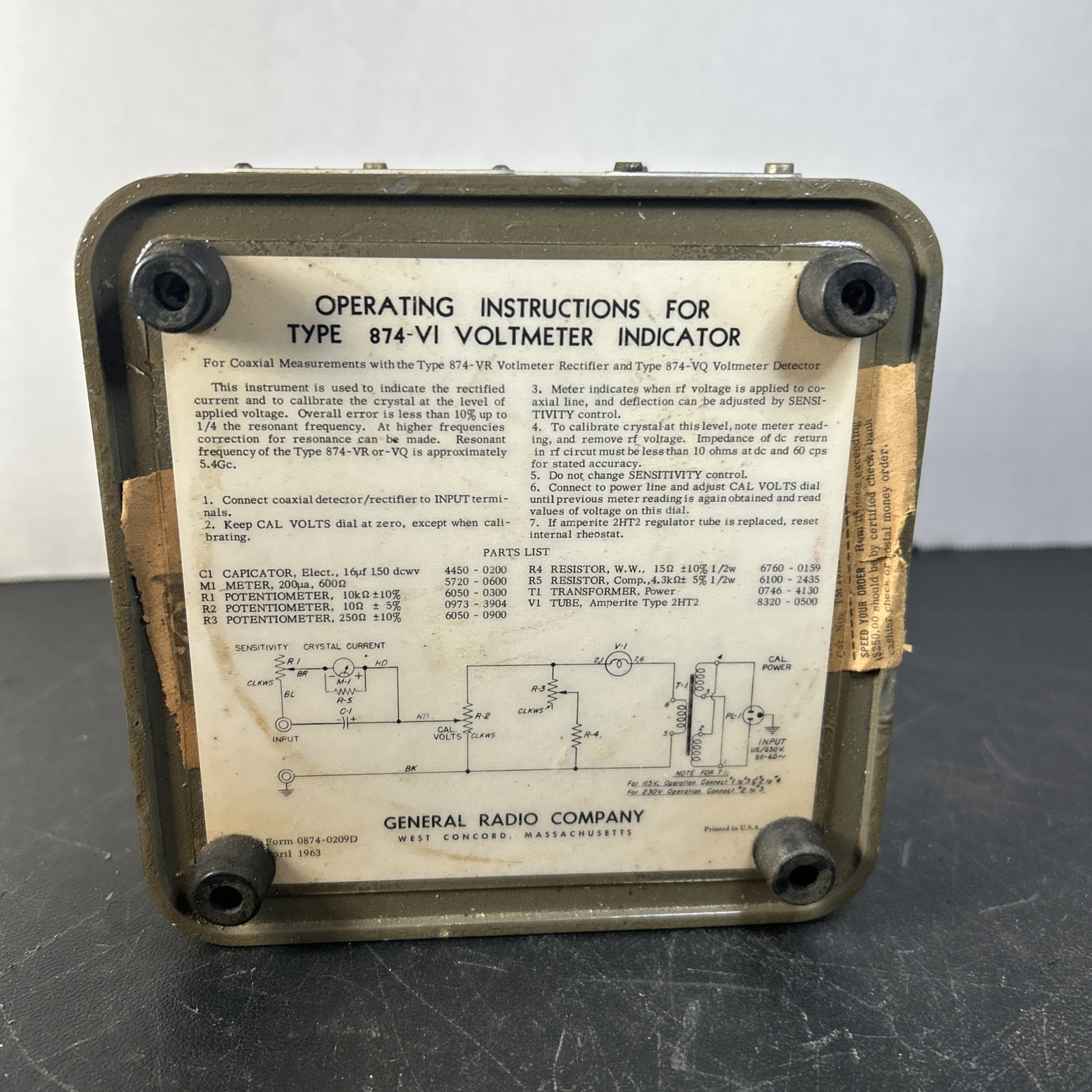 Vintage General Radio Voltmeter Indicator 874-VI (untested)
