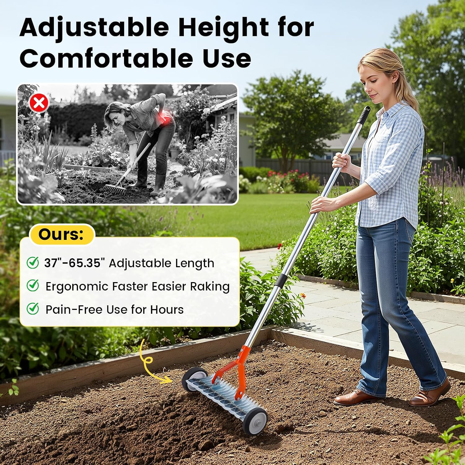 Thatch Rake with Wheels, 37-65.35'' Adjustable Dethatching Roller Rake Adjustabl