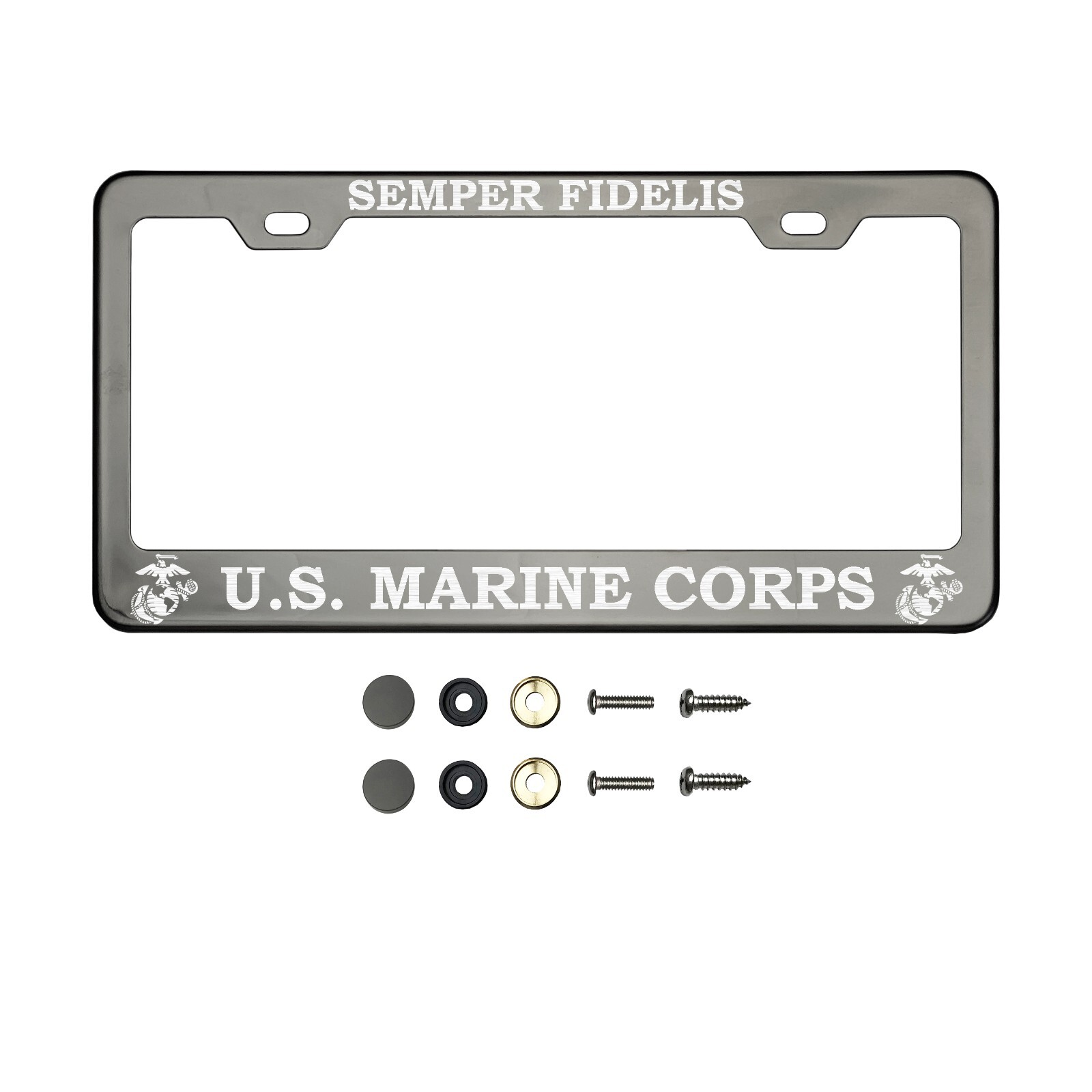 US Marine Corps Semper Fidelis Laser Etched License Plate Frame Metal Screw Cap