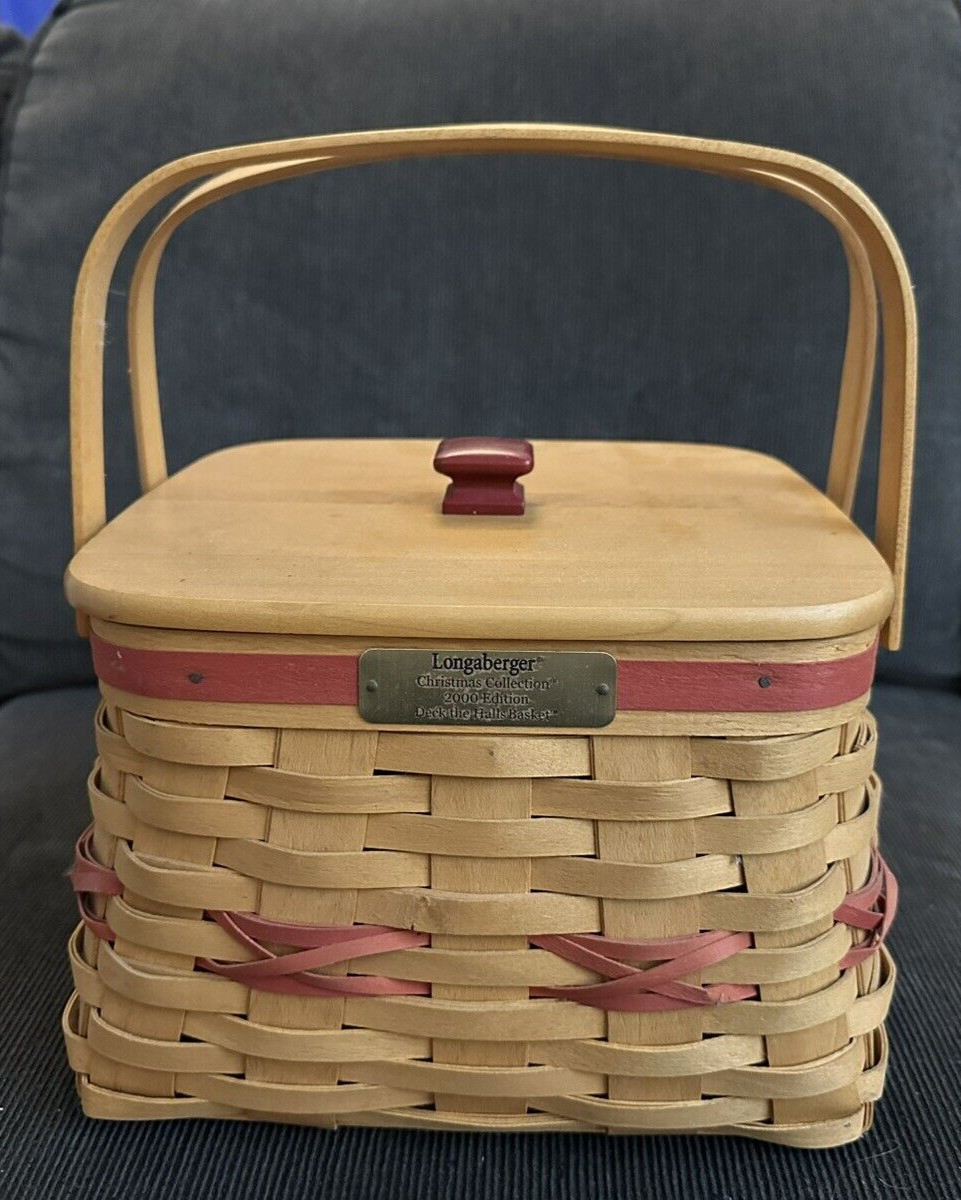 Longaberger Vintage 2000 Red & Tan-Deck the Halls Basket with Cloth Liner & Lid