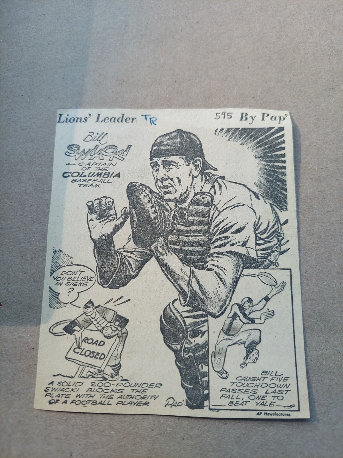 Bill Swiacki Columbia Vintage Comic Sport Drawing Newspaper Clipping  Pap