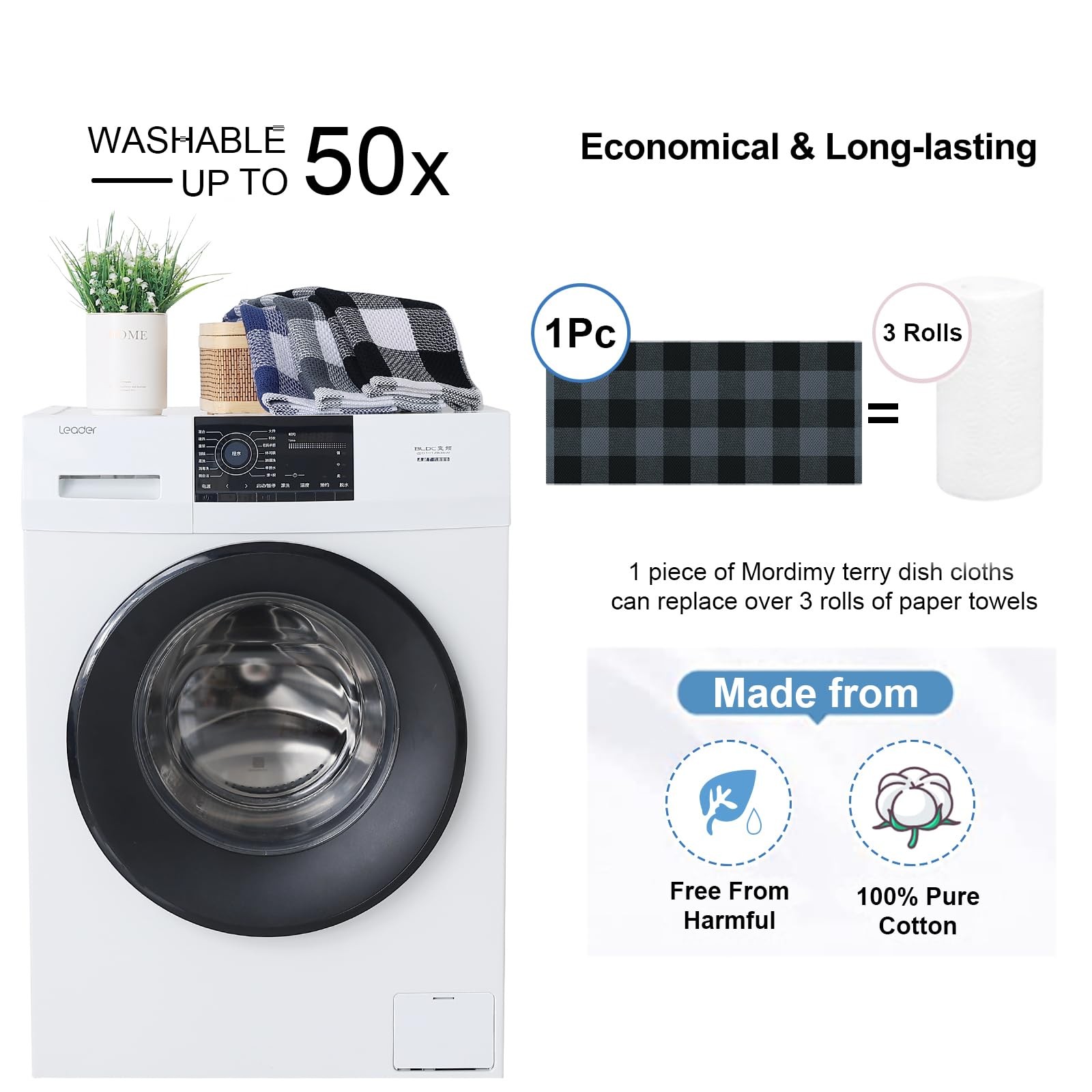 Super Soft 100% Cotton Waffle Kitchen Towels, 4-Pack, Black & Grey Check