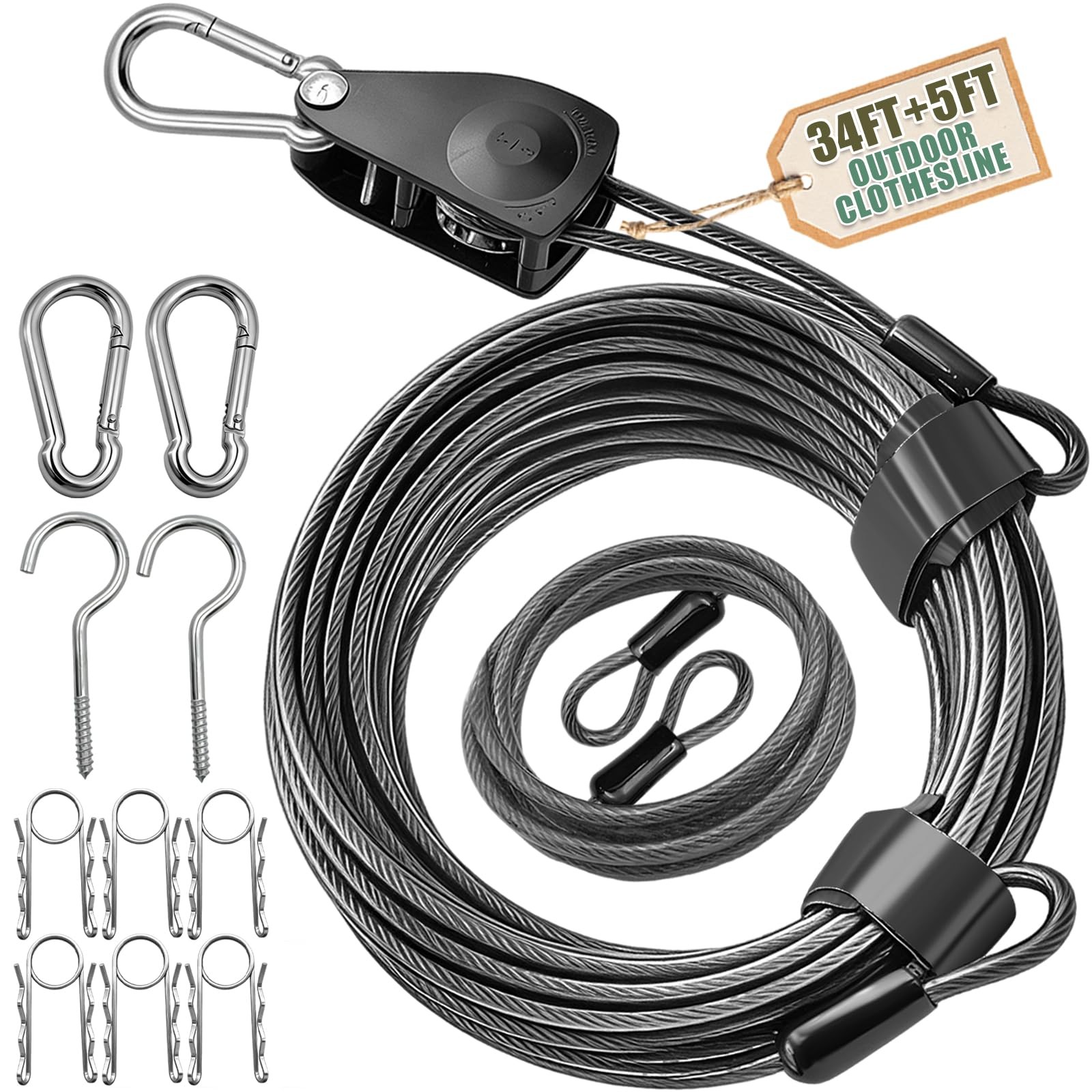 Outdoor Retractable Clothesline, 3/16" 34ft+5ft Heavy Duty Coated Steel Wire ...