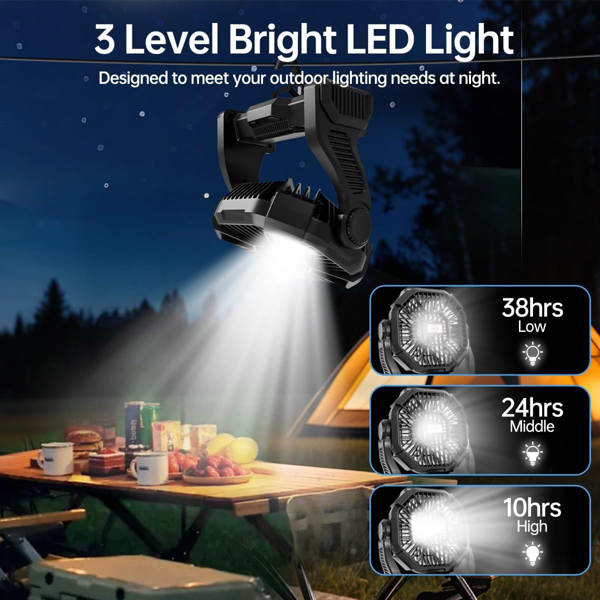 Portable Rechargeable Camping Fan Tent LED Lantern 270 Rotation 36 Hours 10" USB