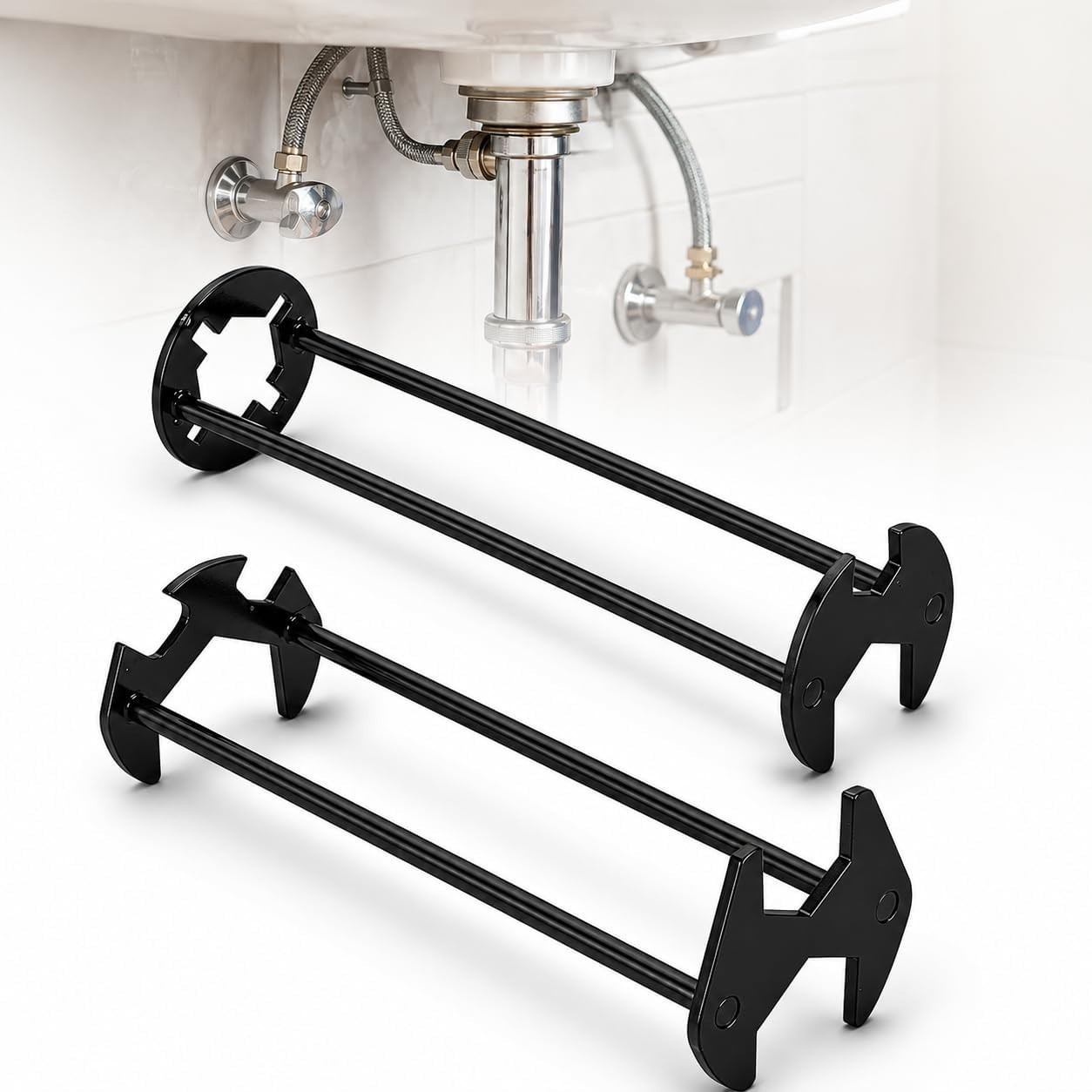 Efficient 2PCS Basin Wrench Set for Tight Spaces - Rotating Head & Metal Build
