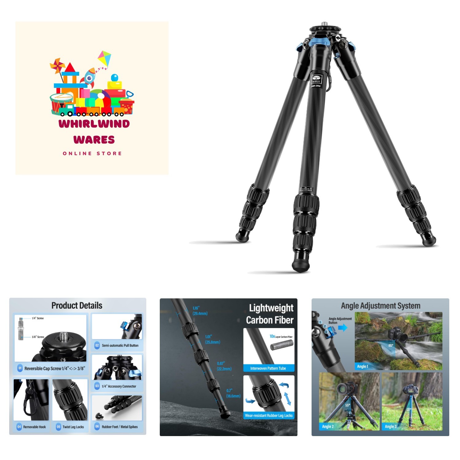 AM-284 Carbon Fiber Tripod - Portable Design with Adjustable Height 3.2" - 47.2"