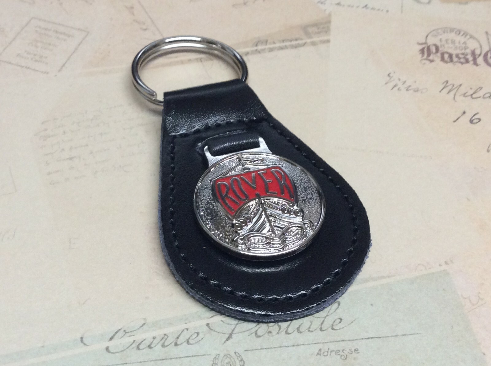 ROVER ENAMEL Quality Black Real Leather Keyring