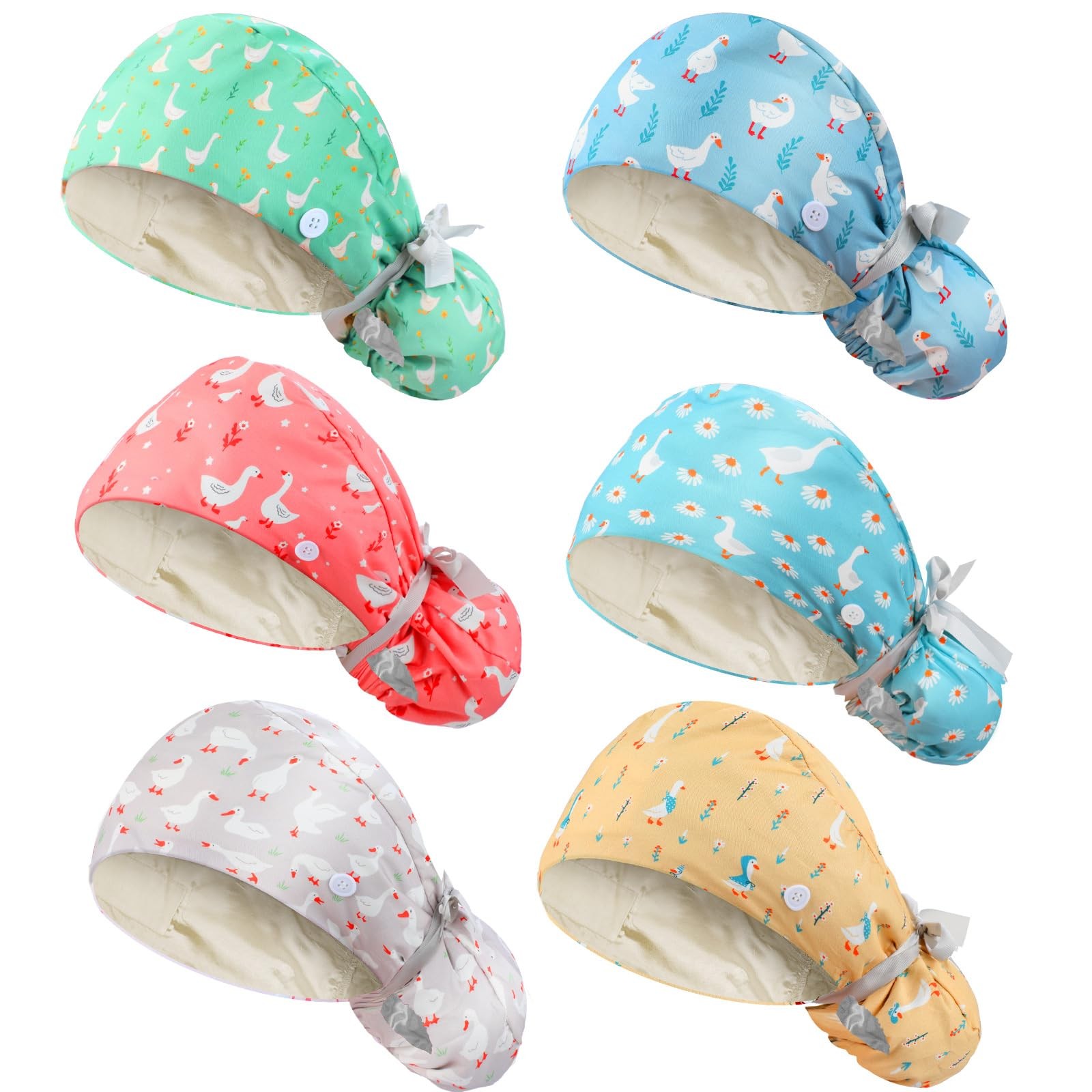 6 Pcs Satin Lined Working Hat Scrub Caps Adjustable Tie Back Bouffant Hats wi...
