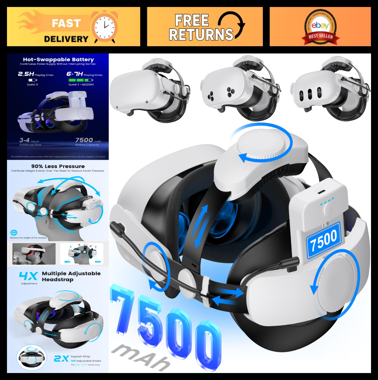 Adjustable VR Head Strap for Meta Quest 3/2 with 7500mAh Hot-Swap Batteries, Com