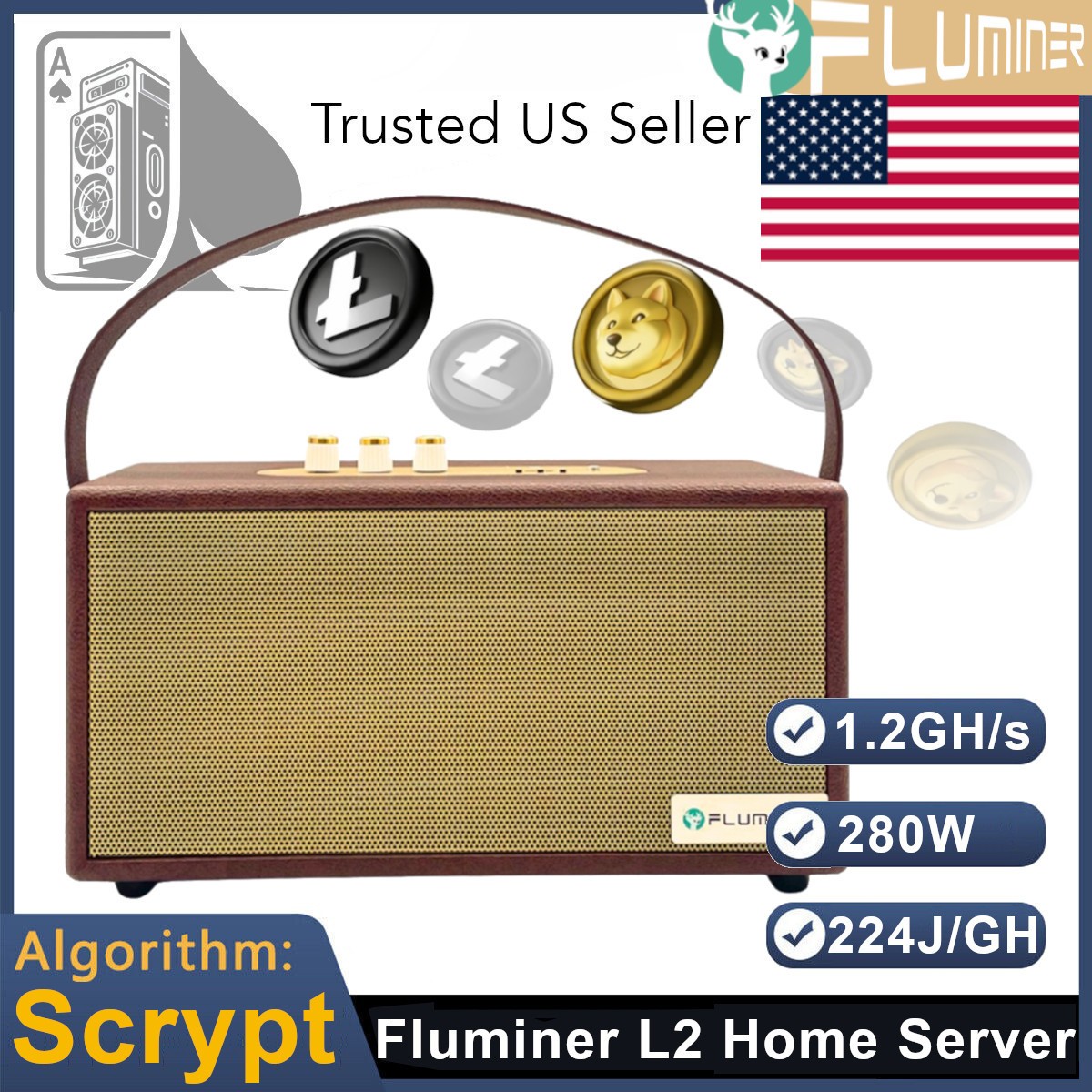 US STOCK* Fluminer L2 1.2Gh/s 280W Litecoin Dogecoin Belcoin 110~240V Home Miner