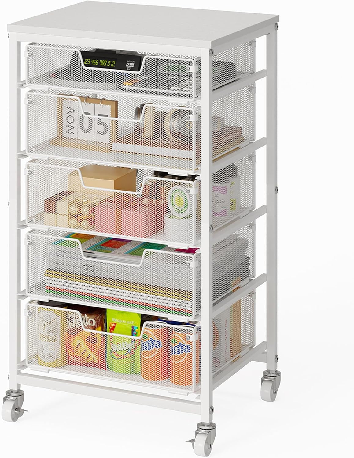 5 Drawers Rolling Utility Cart, Storage Drawer Cart with Wooden Top, Rolling Sto