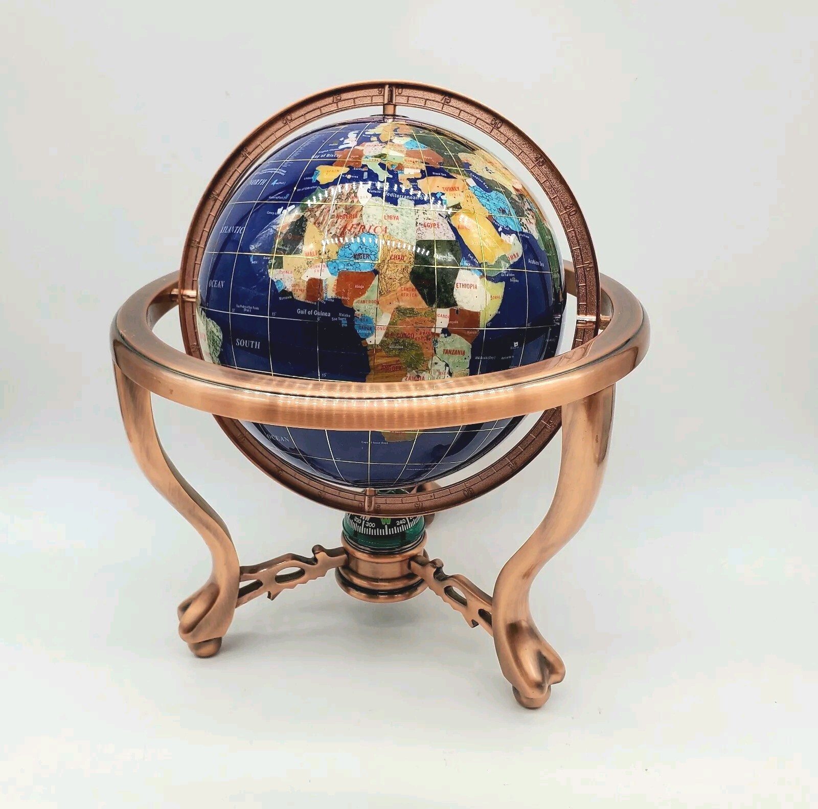 Tabletop Globe With Semi Precious Stones Copper Colored Metal Stand & Compass