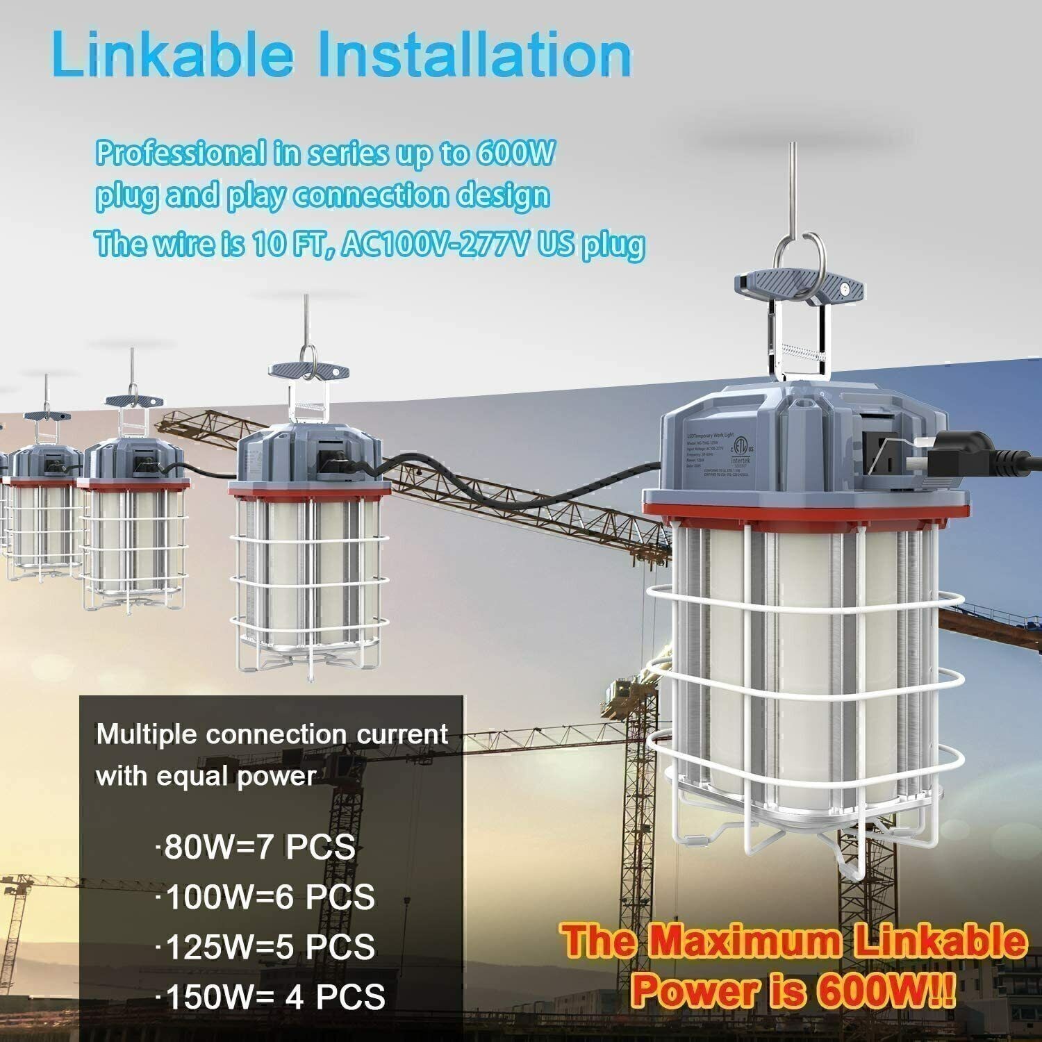 150W LED Construction Temporary Work Light 5000K Outdoor Indoor Linkable Lights