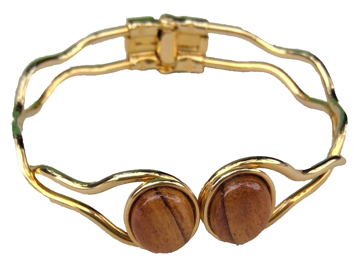 hinge bracelet gold tone faux tigers eye brown plastic stones 2" x 2.25"