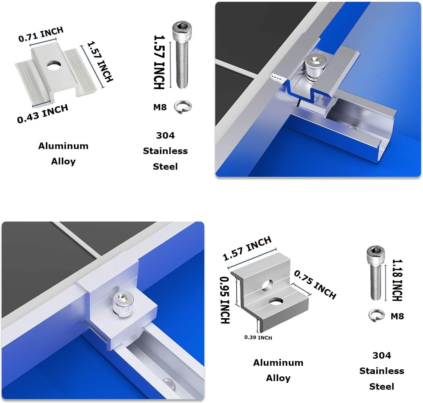 Solar Panel Mounting Brackets, Roof Mount Kit, Rails and Clamps 4pc-panel
