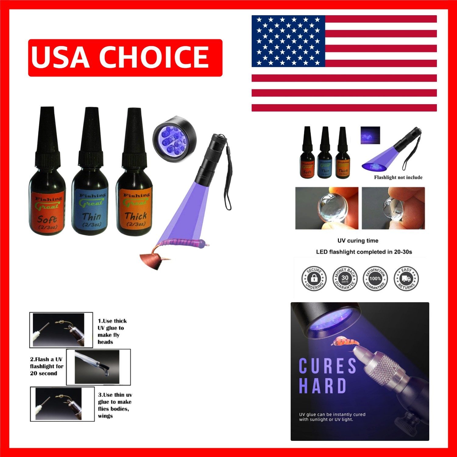 Ultimate Fly Tying UV Clear Glue & Power Light Combo – 3 Bottles & 12 LED Light