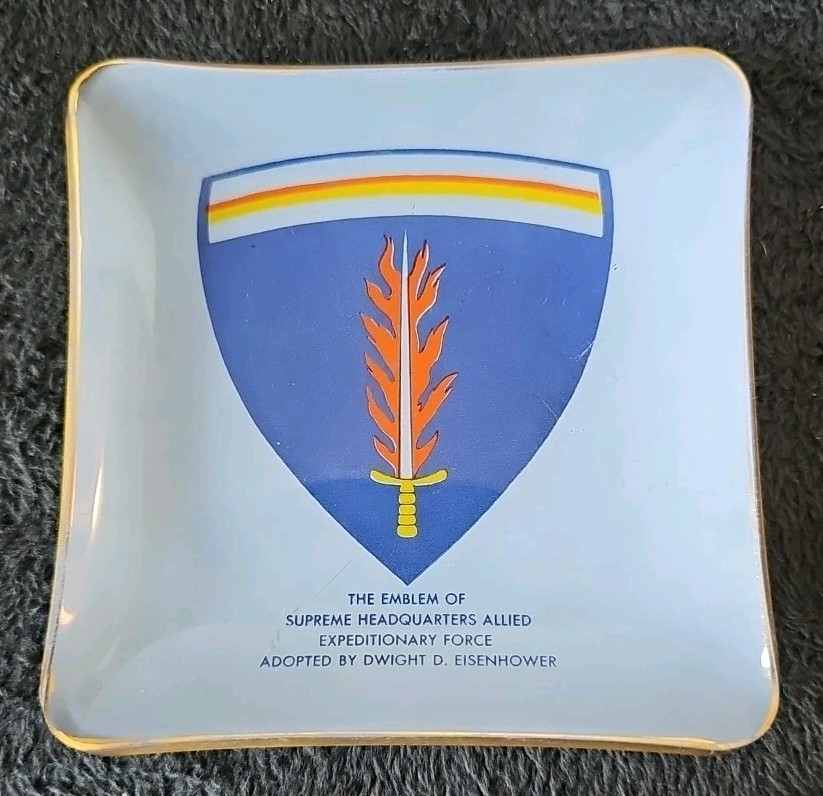 Glass Dish 4.5" Square Supreme Headquarters Allied Expeditioary Force Emblem