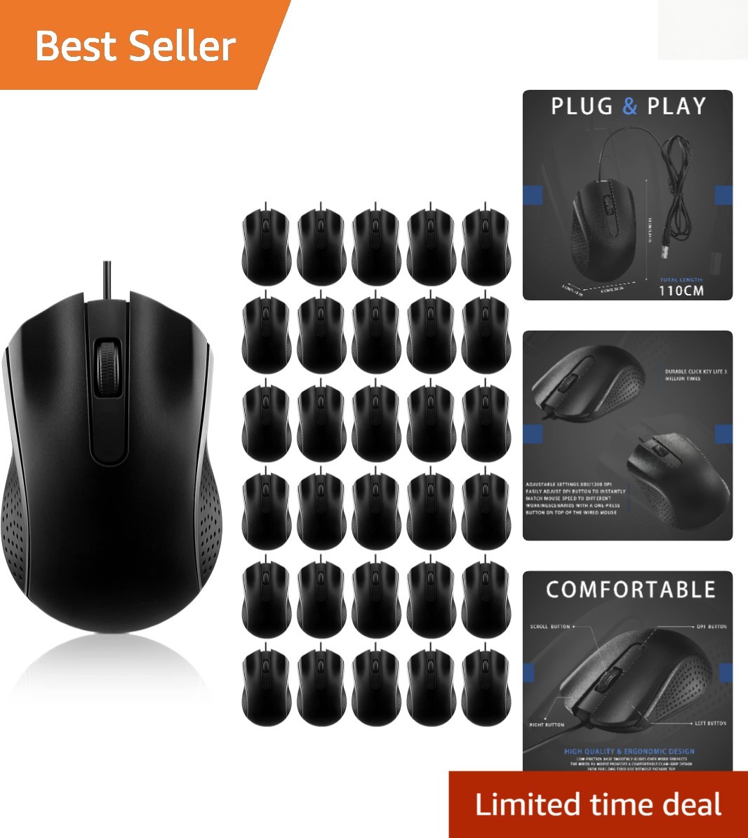 Bulk 30 Corded USB Mice with Optical Tracking - Perfect for Classrooms & Offices
