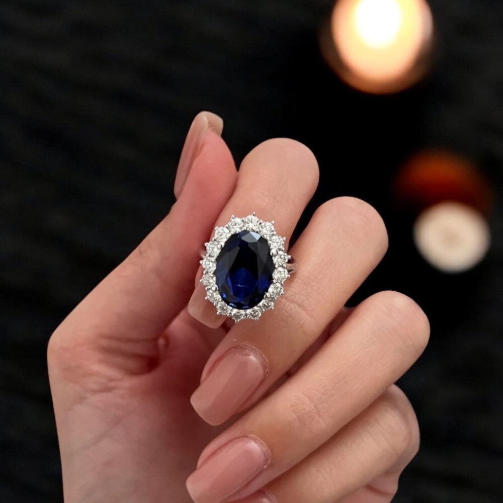 Oval Cut Lab Grown Blue Sapphire Platinum Wedding Ring Natural Diamond 8.30 Ct