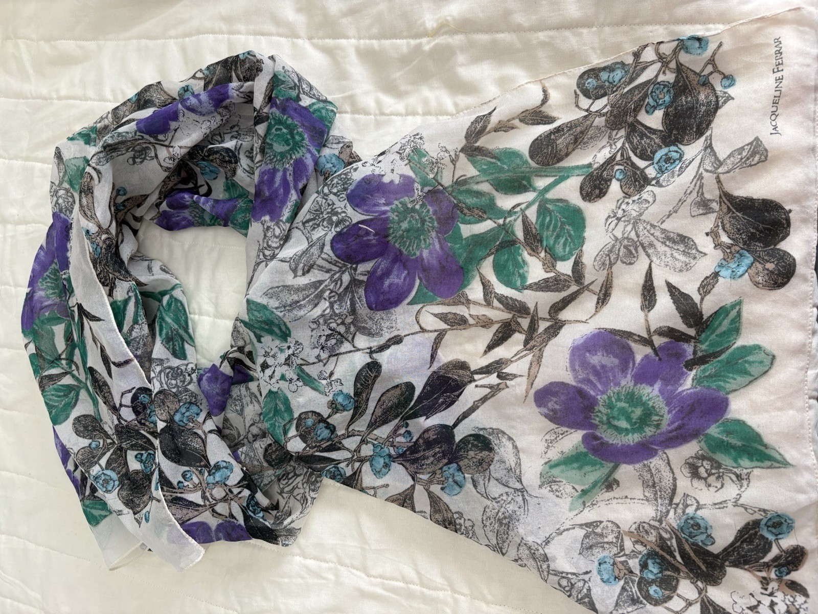 Jacqueline Ferrar Floral Silk Feel Scarf Purple Green Aqua White  71”x14 1/2”