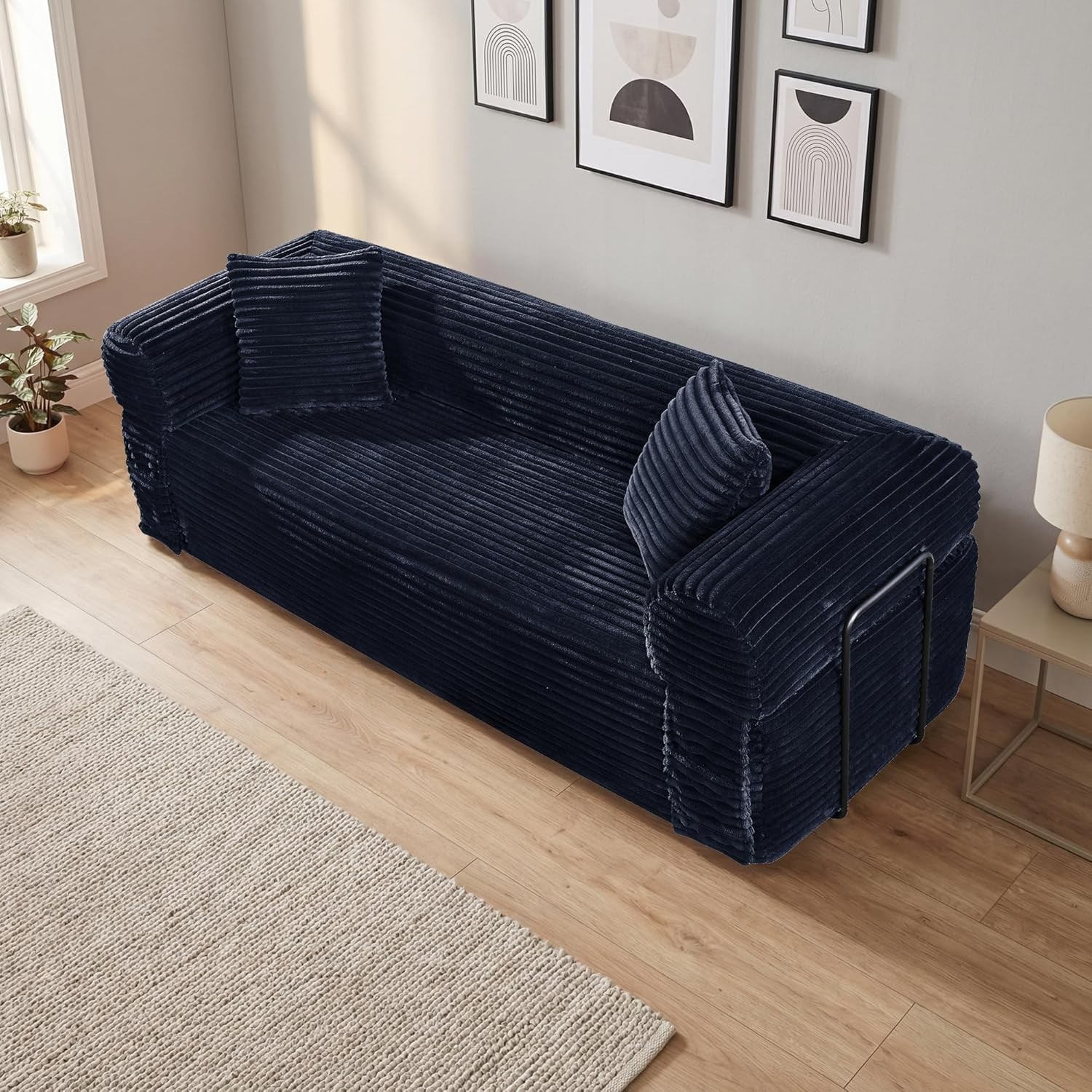 Boneless Convertible Couch Corduroy Sofa with 2 Pillows + Removable Backrest
