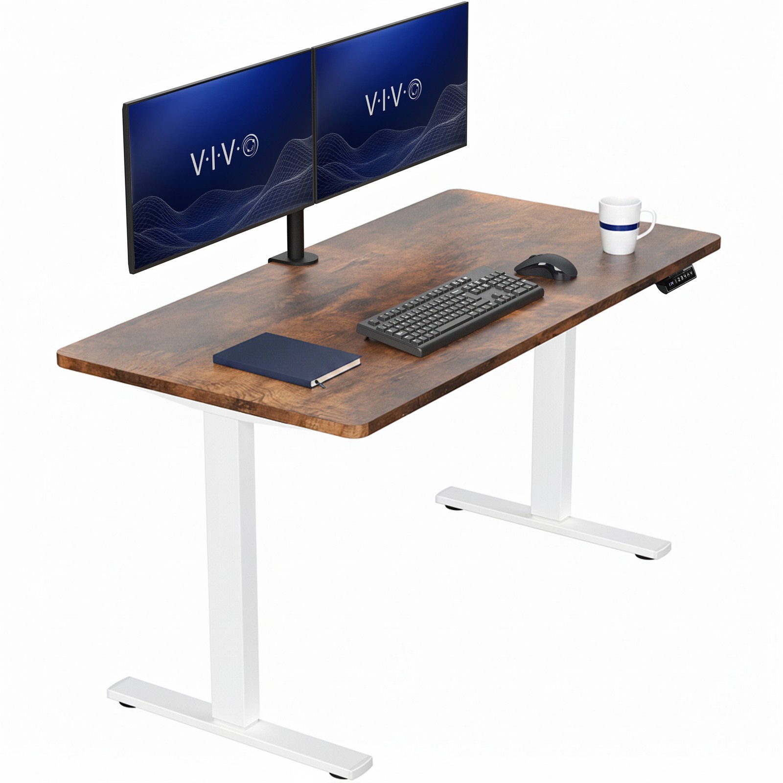 VIVO Electric 55” x 28” Stand Up Desk, Vintage Brown Table Top, White Frame