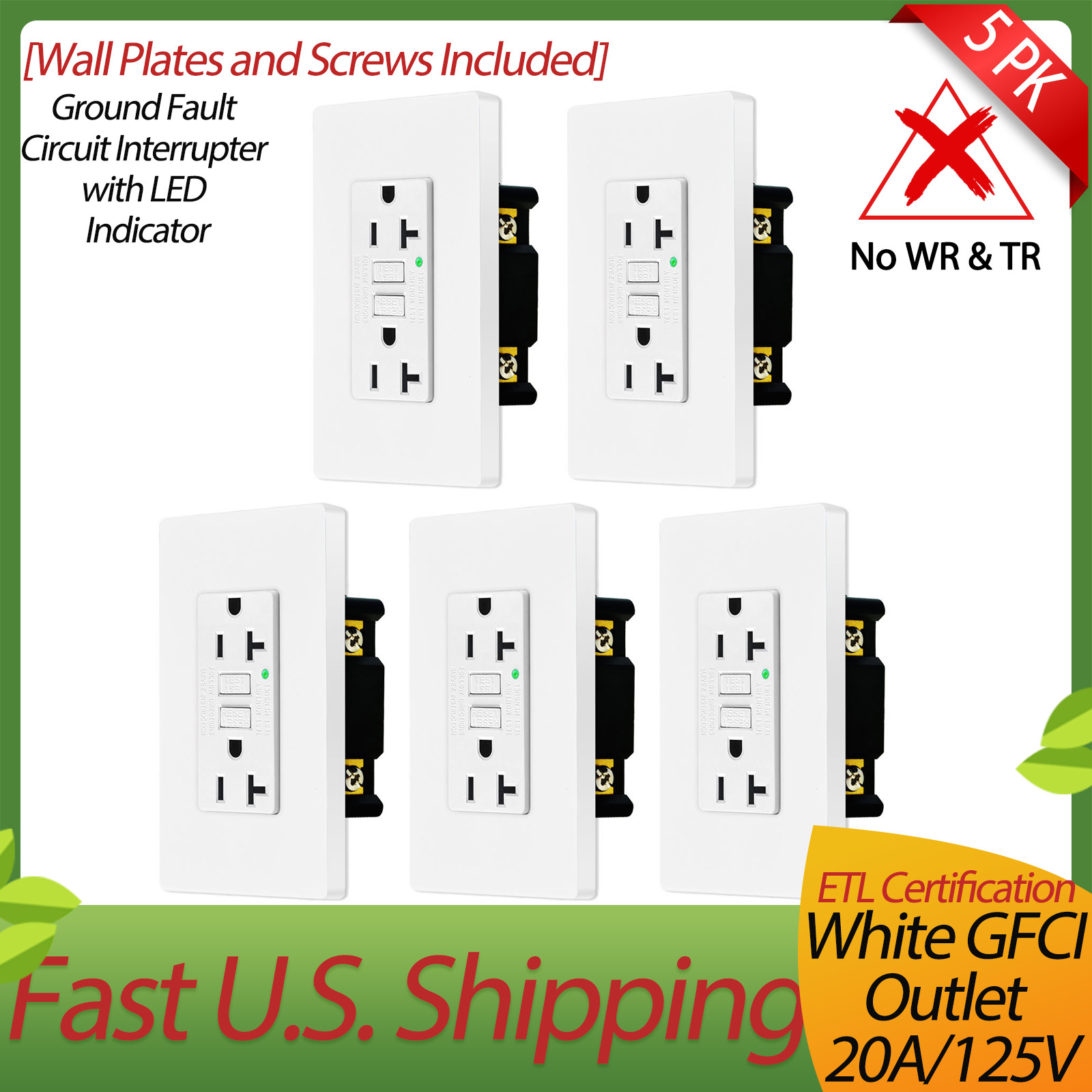 5 x GFCI 20A/125V Non-TR GFCI White Outlet Hospital Grade,Residential Grade,ETL