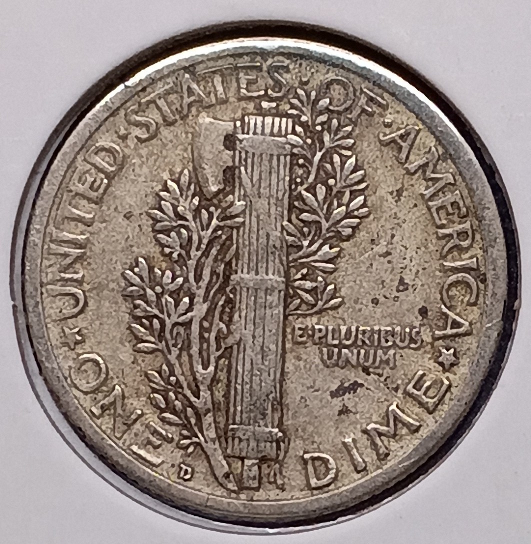 1918-D MERCURY DIME -- Very Fine+ (VF+) -- toning spots