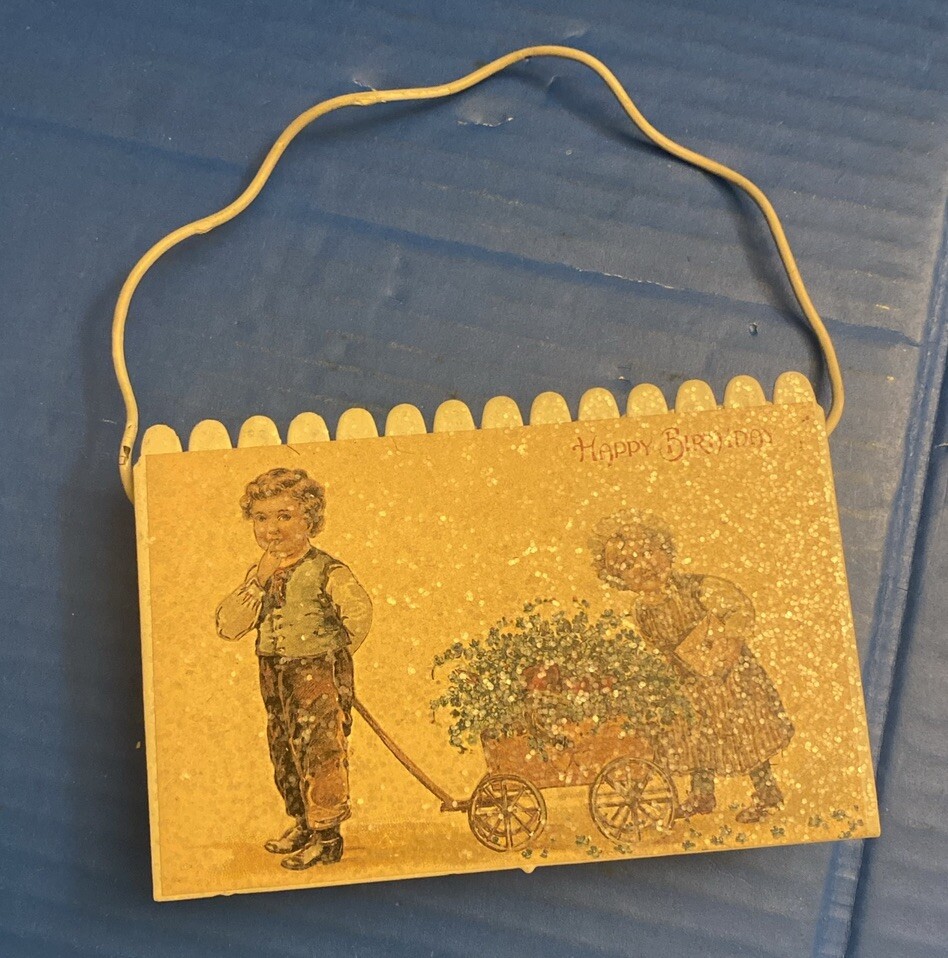 Happy Birthday Metal Letter Box w/ Handle Graphic Like Postcard 5.5”x 3.75”