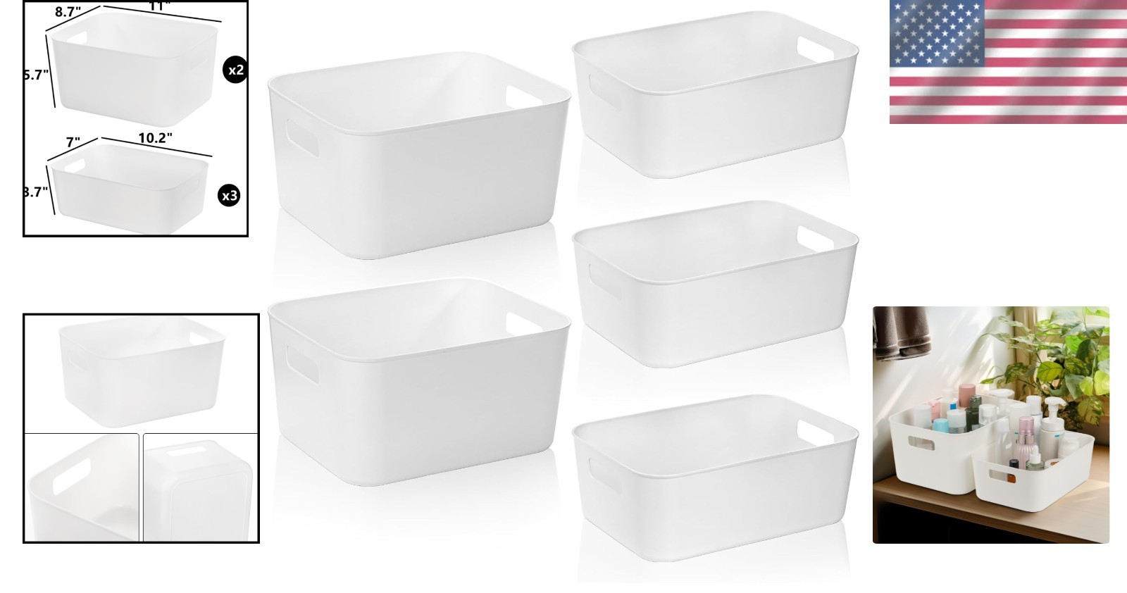 Minimalist White Open Storage Bins - 5 Pack for Kitchen and Office Organization